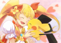 Rule 34 | 10s, 1girl, ^ ^, bad id, bad pixiv id, blonde hair, blush, bow, brooch, closed eyes, color connection, creatures (company), crossover, cure sunshine, game freak, gen 2 pokemon, hair bow, heart, heart brooch, heartcatch precure!, jewelry, magical girl, myoudouin itsuki, nintendo, orange bow, pichu, pokemon, pokemon (creature), precure, smile, twintails, yellow bow, yoshi (danball)