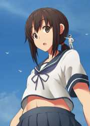 Rule 34 | 1boy, 1girl, admiral (kancolle), black hair, blue skirt, breasts, brown eyes, day, fubuki (kancolle), giant, giantess, gloves, hand on own hip, highres, jacket, kantai collection, kuro oolong, long sleeves, looking at another, medium hair, midriff, midriff peek, navel, open mouth, outdoors, pleated skirt, pointing, ponytail, school uniform, serafuku, short sleeves, sidelocks, size difference, skirt, small breasts, standing on person, upper body, white gloves, white jacket