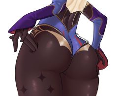 Rule 34 | 1girl, ass, ass focus, axeltrynadraw, detached sleeves, elbow gloves, from behind, genshin impact, gloves, head out of frame, highres, huge ass, leotard, mona (genshin impact), pantyhose, poking, poking ass, shiny clothes, solo, thick thighs, thighs