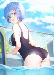 Rule 34 | 1girl, ass, blue eyes, blue hair, blue one-piece swimsuit, blush, bob cut, breasts, chain-link fence, cloud, cloudy sky, commission, commissioner upload, day, fence, from behind, gya (144), highres, large breasts, looking at viewer, name tag, one-piece swimsuit, open mouth, outdoors, pixiv commission, poolside, re:zero kara hajimeru isekai seikatsu, rem (re:zero), revision, school swimsuit, short hair, sky, solo, swimsuit, thighs, water, wet, wet clothes, wet swimsuit