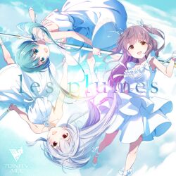 Rule 34 | 3girls, album cover, bare shoulders, blue eyes, blue hair, blue sky, breasts, brown hair, choker, cloud, cloudy sky, collarbone, cover, dress, flag, floating, floating hair, full body, hair ribbon, high heels, holding, holding flag, idoly pride, large breasts, layered dress, long hair, looking at viewer, looking to the side, low twintails, multiple girls, official art, okuyama sumire, orange eyes, red eyes, ribbon, sky, sleeveless, sleeveless dress, suzumura yuu, tendou rui, trinityaile (idoly pride), twintails, two side up, white choker, white dress, white footwear, white hair, white ribbon