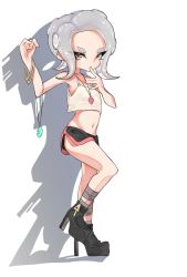 Rule 34 | 1girl, bad id, bad twitter id, black footwear, black skirt, bracelet, brown eyes, camisole, commentary, finger to mouth, full body, grey hair, high heels, highres, jewelry, looking at viewer, makeup, medium hair, midriff, miniskirt, navel, necklace, nintendo, octoling, octoling girl, octoling player character, pointy ears, shadow, shirt, side slit, simple background, skirt, solo, standing, standing on one leg, suction cups, sukeo (nunswa08), tentacle hair, white background, white shirt, zipper