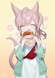 Rule 34 | 1girl, ahoge, animal ears, antenna hair, bag, bare shoulders, bitten, brown hair, burger, cat ears, cat tail, closed eyes, commentary request, crumbs, fangs, fanny pack, final fantasy, final fantasy xiv, flower (symbol), food, funa (sakana), highres, holding, holding food, jacket, long sleeves, miqo&#039;te, open mouth, patch, puffy sleeves, smile, solo, sparkle, tail, upper body, warrior of light (ff14), yellow background