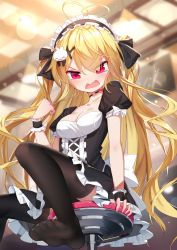 Rule 34 | 1girl, absurdres, bad id, bad pixiv id, bar stool, black bow, black choker, black dress, black hairband, black thighhighs, blonde hair, blurry, blurry background, borrowed character, bow, breasts, choker, cleavage, collarbone, commentary request, depth of field, dress, fang, frilled dress, frilled hairband, frills, hair between eyes, hair bow, hair ornament, hairband, hand up, heart, highres, indoors, long hair, looking at viewer, medium breasts, niliu chahui, no shoes, open mouth, original, puffy short sleeves, puffy sleeves, qys3, red eyes, revision, short sleeves, sitting, soles, solo, stool, tears, thighhighs, tokisaki asaba (niliu chahui), two side up, very long hair, wavy mouth, wrist cuffs, x hair ornament