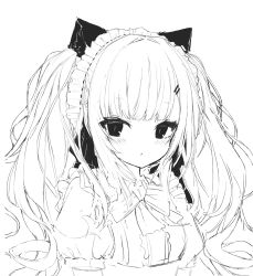 Rule 34 | 1girl, absurdres, animal ear fluff, animal ears, blush, bow, breasts, closed mouth, collared shirt, greyscale, hair ornament, hairclip, highres, long hair, looking at viewer, maid, maid headdress, monochrome, puffy short sleeves, puffy sleeves, shirt, short sleeves, simple background, small breasts, solo, twintails, upper body, white background, yuui hutabakirage