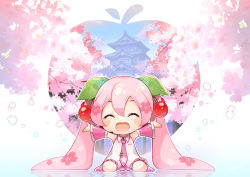 Rule 34 | 1girl, ^ ^, blush stickers, cherry, cherry blossom print, cherry blossoms, cherry hair ornament, chibi, closed eyes, commentary, detached sleeves, double exposure, closed eyes, facing viewer, falling petals, floral print, flower, food, food-themed hair ornament, fruit, hair ornament, hatsune miku, highres, long hair, mamo (fortune-mm), miniskirt, open mouth, outstretched arms, petals, pink flower, pink hair, pink neckwear, pink skirt, pink sleeves, sakura miku, seiza, shirt, sitting, skirt, sleeveless, sleeveless shirt, smile, solo, twintails, very long hair, vocaloid, white shirt
