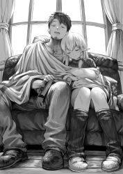 Rule 34 | 1boy, 1girl, absurdres, black hair, blanket, book, boroboro no elf-san o shiawaseni suru kusuri uri-san, braid, closed eyes, commentary request, couch, curtains, drooling, elf, facial hair, gibagiba, greyscale, highres, holding, holding book, indoors, kusuriuri-san, leaning on person, long hair, monochrome, on couch, open mouth, pointy ears, reszurre, scar, scar on face, shared blanket, shoes, short hair, sleeping, socks, sweater, window