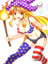 Rule 34 | 1girl, american flag bikini, american flag legwear, american flag print, bad id, bad pixiv id, bare arms, bare shoulders, bikini, blonde hair, breasts, cleavage, clownpiece, collarbone, fairy wings, female focus, flag print, hat, highres, jester cap, large breasts, long hair, mono (moiky), navel, open mouth, print bikini, red eyes, short shorts, short sleeves, shorts, smile, solo, striped clothes, striped thighhighs, swimsuit, thighhighs, torch, touhou, very long hair, wings