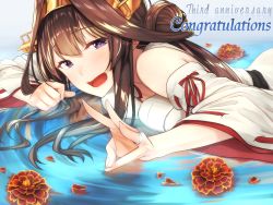 Rule 34 | 10s, 1girl, absurdres, baffu, brown hair, hairband, highres, japanese clothes, jewelry, kantai collection, kongou (kancolle), long hair, nontraditional miko, ring, smile, solo, wedding band