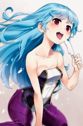 Rule 34 | 1girl, arm support, bare arms, bare shoulders, blue hair, blush, breasts, chaps, collarbone, eyebrows, food, full-length zipper, hayashi keita, highres, kula diamond, long hair, looking at viewer, open mouth, popsicle, red eyes, solo, strapless, the king of fighters, the king of fighters xiv, tongue, tongue out, zipper