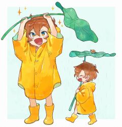 Rule 34 | 1boy, aged down, animal, arms up, blue eyes, boots, bungou stray dogs, closed eyes, coat, highres, holding, holding leaf, leaf, leaf umbrella, long sleeves, male focus, nakahara chuuya, open mouth, orange hair, profile, raincoat, rinu, rubber boots, short hair, smile, snail, sparkle, v-shaped eyebrows, wide sleeves, yellow coat, yellow footwear