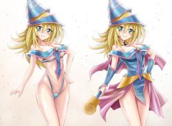 Rule 34 | 1girl, adapted costume, bikini, blonde hair, blue bikini, blue dress, blush, breasts, choker, cleavage, closed mouth, collarbone, contrapposto, cowboy shot, dark magician girl, dress, floating hair, green eyes, groin, hair between eyes, hand on own hip, highleg, highleg bikini, highres, holding, holding staff, long hair, looking at viewer, medium breasts, no panties, off-shoulder dress, off shoulder, r-binon, simple background, smile, staff, standing, swimsuit, underboob, variations, white background, yu-gi-oh!