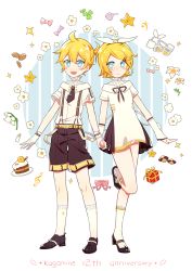 Rule 34 | + +, 1boy, 1girl, :3, anniversary, bare legs, bass clef, blonde hair, blue eyes, bow, box, brother and sister, brown shorts, cake, checkerboard cookie, circle, commentary, cookie, dessert, detached sleeves, dress, english commentary, flower, food, full body, gift, gift box, gloves, hair bow, hair ornament, hairclip, headphones, headphones removed, headset, highres, holding hands, kagamine len, kagamine rin, looking at another, looking away, neck ribbon, necktie, ribbon, shirt, short hair, short sleeves, shorts, siblings, sidelocks, sleeves past wrists, socks, sparkle, standing, standing on one leg, star (symbol), suspender shorts, suspenders, treble clef, twins, vocaloid, white background, white dress, white gloves, white legwear, white shirt, white sleeves, zimoow
