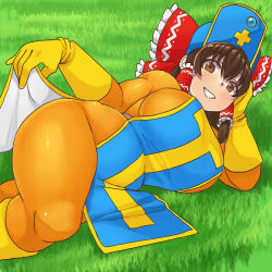 Rule 34 | 1girl, blush, bodysuit, bow, breasts, brown eyes, brown hair, commentary request, cookie (touhou), cosplay, cross, dragon quest, dragon quest iii, feet out of frame, frilled bow, frilled hair tubes, frills, gloves, grass, grin, hair between eyes, hair bow, hair tubes, hakurei reimu, hat, kanna (cookie), large breasts, long hair, looking at viewer, lying, mitre, mo-fu, on ground, on side, orange bodysuit, priest (dq3), priest (dq3) (cosplay), red bow, sidelocks, smile, solo, tabard, touhou, yellow gloves