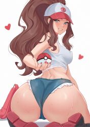 Rule 34 | 1girl, absurdres, ass, ass focus, baseball cap, blush, breasts, brown hair, close-up, covered erect nipples, creatures (company), denim, denim shorts, from behind, game freak, hat, highres, hilda (pokemon), huge ass, kneeling, long hair, looking at viewer, looking back, mandytsune, medium breasts, nail polish, nintendo, pokemon, pokemon (creature), pokemon bw, ponytail, shirt, shorts, sidelocks, smile, solo, thighs, white shirt