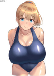 Rule 34 | 1girl, blue eyes, blue one-piece swimsuit, breasts, brown hair, cowboy shot, highres, huge breasts, intrepid (kancolle), kantai collection, looking at viewer, one-piece swimsuit, ponytail, shiromaru (maniado), signature, simple background, smile, solo, swimsuit, twitter username, white background