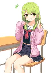Rule 34 | 1girl, black serafuku, black shirt, black skirt, blush, bow, cardigan, chair, collarbone, commentary request, desk, feet out of frame, flower, flower necklace, green eyes, green hair, grin, hair bow, hair ornament, hairclip, hajime kaname, hands up, highres, jewelry, long hair, long sleeves, morinaka kazaki, neckerchief, necklace, nijisanji, notice lines, on chair, open cardigan, open clothes, pendant, pink bow, pink cardigan, pleated skirt, red neckerchief, sailor collar, school chair, school desk, school uniform, serafuku, shirt, simple background, sitting, skirt, sleeves past wrists, smile, solo, v, virtual youtuber, white background, white sailor collar