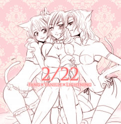 Rule 34 | 10s, 3girls, animal ears, artist request, bad id, bad pixiv id, blush, grabbing another&#039;s breast, breasts, cat ears, cat tail, character name, cleavage, collar, final fantasy, final fantasy xiii, gloves, grabbing, hug, jewelry, large breasts, lightning farron, lingerie, long hair, lovedart, medium breasts, midriff, monochrome, multiple girls, navel, necklace, oerba dia vanille, oerba yun fang, panties, short twintails, smile, tail, thighhighs, twintails, underwear, yuri
