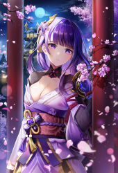 Rule 34 | 1girl, absurdres, architecture, braid, breasts, bridal gauntlets, cleavage, east asian architecture, full moon, genshin impact, hair ornament, highres, japanese clothes, kimono, kyo (maae00), large breasts, long hair, long sleeves, looking at viewer, low-braided long hair, low-tied long hair, mole, mole under eye, moon, night, night sky, obi, off shoulder, petals, purple eyes, purple hair, purple kimono, raiden shogun, sash, shrug (clothing), sky, solo, torii, very long hair, wide sleeves