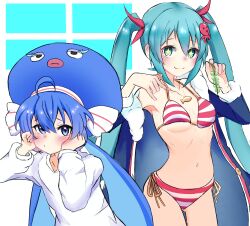 Rule 34 | + +, 2girls, :3, absurdres, ahoge, bikini, blue eyes, blue hair, blush, bow, coat, commentary, eel hat, fish, fur-trimmed coat, fur trim, gluteal fold, hair bow, hands on own cheeks, hands on own face, hatsune miku, highres, holding, jewelry, long hair, long sleeves, low twintails, multiple girls, navel, necklace, octopus hair ornament, off shoulder, otomachi una, ribs, side-tie bikini bottom, strap pull, striped bikini, striped clothes, sukenoota, swimsuit, twintails, umi no searchlight (vocaloid), very long hair, vocaloid, yuki miku, yuki miku (2022)