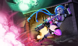 Rule 34 | 1girl, absurdly long hair, ammunition, ammunition belt, arm strap, arm tattoo, asymmetrical gloves, bare shoulders, belt, belt buckle, bikini, bikini top only, blue hair, boots, braid, buckle, bullet, bullet necklace, elbow gloves, fingerless gloves, gloves, highres, jewelry, jinx (league of legends), league of legends, lipstick, long hair, makeup, mismatched gloves, necklace, pink eyes, pink thighhighs, short shorts, shorts, single thighhigh, smile, solo, stomach tattoo, swimsuit, tattoo, thigh strap, thighhighs, twin braids, uneven gloves, very long hair, weapon
