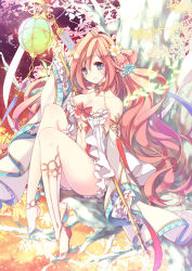 Rule 34 | 10s, 1girl, ange vierge, anklet, bare shoulders, barefoot, blue eyes, breasts, cleavage, detached sleeves, flower, hair flower, hair ornament, jewelry, jonejung, lantern, large breasts, legs, long hair, lots of jewelry, pink hair, sandals, single shoe, smile, solo, staff, tree, very long hair