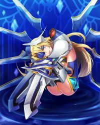 Rule 34 | 1girl, arc system works, armor, ass, blazblue, blonde hair, blue eyes, breasts, forehead protector, headgear, hugging own legs, long hair, looking at viewer, mecha musume, mu-12, parted lips, shiny skin, smile, solo