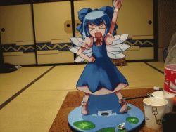 Rule 34 | &gt; &lt;, 1girl, animated, animated gif, cirno, closed eyes, female focus, hand on own hip, hirosato, lowres, open mouth, photo (medium), saturday night fever, smile, solo, spinning, touhou