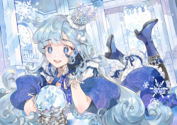 Rule 34 | 1girl, balcony, bare tree, black legwear, blue eyes, blue footwear, blue gloves, blue hair, blue ribbon, blush, boots, braid, castle, crown, curly hair, dress, eyes visible through hair, frilled dress, frills, full body, fur trim, glint, gloves, hair ornament, hand on own cheek, hand on own face, hand up, head rest, high heel boots, high heels, ice, indoors, inzup, lace, lace-trimmed gloves, lace trim, legs up, long hair, looking down, lying, matching hair/eyes, mini crown, neck ribbon, on stomach, open mouth, original, parted bangs, pillar, puffy short sleeves, puffy sleeves, ribbon, round teeth, shawl, short sleeves, single braid, smile, snow globe, snowflake hair ornament, snowflakes, snowing, solo, sparkle, symbol-shaped pupils, teeth, tree, white dress, window