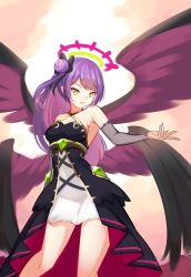 Rule 34 | 1girl, angel wings, armpits, bare legs, black bow, black dress, blurry, blurry background, bow, breasts, commentary request, dress, fallen angel, green eyes, hair between eyes, hair bow, halo, halter dress, halterneck, highres, hololive, hoshino aoi (la huynh hai than), long hair, looking at viewer, multiple wings, one side up, open mouth, outstretched arm, purple hair, sleeveless, sleeveless dress, small breasts, solo, tokoyami towa, virtual youtuber, wings