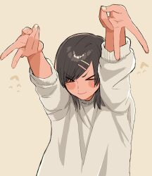 Rule 34 | &gt; &lt;, 1girl, alexkota1115, arms up, artist request, closed eyes, closed mouth, gyaru v, hair ornament, hairclip, highres, long sleeves, original, short hair, sweater, swept bangs, tomboy, upper body, v, v-shaped eyebrows, white background, white sweater