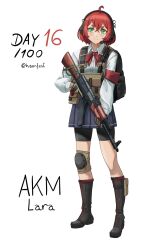 Rule 34 | 1girl, ahoge, akm, armband, assault rifle, backpack, bag, bike shorts, black footwear, black shorts, blue skirt, boots, bow, brown gloves, collared shirt, commentary, cross-laced footwear, dress shirt, ear protection, english commentary, full body, gloves, green eyes, gun, hair between eyes, haonfest, highres, holding, holding gun, holding weapon, kalashnikov rifle, knee pads, lace-up boots, long sleeves, original, pleated skirt, puffy long sleeves, puffy sleeves, red bow, red hair, rifle, shirt, short eyebrows, shorts, shorts under skirt, simple background, single knee pad, skirt, solo, standing, thick eyebrows, weapon, white background, white shirt