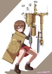 Rule 34 | 1girl, :|, absurdres, artist name, bayonet, black jacket, brown eyes, brown footwear, brown hair, cannon, closed mouth, dated, drops mint, expressionless, full body, girls und panzer, gun, handgun, highres, holding, holding shield, huge weapon, jacket, kuromorimine military uniform, long sleeves, looking at viewer, military, military uniform, military vehicle, motor vehicle, nishizumi maho, pleated skirt, red skirt, reloading, revolver, shell casing, shield, short hair, skirt, solo, squatting, standing, tank, tiger i, twitter username, uniform, v-shaped eyebrows, weapon, white background