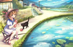 Rule 34 | 1girl, bad id, bad pixiv id, black cat, blonde hair, blue sailor collar, blue sky, bow, bowl, building, cat, cloud, crawfish, day, dress, expressionless, fishing rod, green eyes, hair bow, hat, hat ribbon, high heels, holding, house, lily pad, long hair, looking at viewer, motor vehicle, mountain, no socks, original, outdoors, pickup truck, pierorabu, plant, pond, power lines, puffy short sleeves, puffy sleeves, red footwear, ribbon, road, rural, sailor collar, sailor dress, sandals, shoes, short sleeves, sitting, sky, solo, stairs, stool, straw hat, thermos, truck, twintails, wall, water, white dress