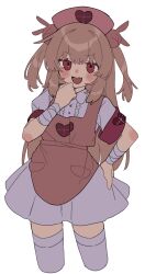 Rule 34 | 1girl, absurdres, apron, armband, bandaged wrist, bandages, blush, brown hair, center frills, collared dress, cropped legs, dress, fang, frills, hair ornament, hand on own hip, hand to own mouth, hat, highres, long hair, looking at viewer, natori sana, nurse cap, pink apron, rabbit hair ornament, red armband, red eyes, saku (saku 3193), sana channel, short dress, skin fang, smile, smug, solo, thighhighs, two side up, v-shaped eyebrows, virtual youtuber, white dress, white thighhighs