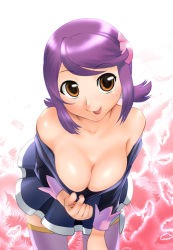 Rule 34 | 1girl, :p, bare shoulders, batosupi!, battle spirits, battle spirits: shounen gekiha dan, bent over, breasts, breasts squeezed together, brown eyes, cleavage, clothes pull, downblouse, dress, dress pull, feathers, hair ornament, large breasts, leaning forward, looking at viewer, no bra, orange eyes, pulling own clothes, purple hair, purple thighhighs, short dress, short hair, short twintails, smile, solo, thighhighs, tongue, tongue out, twintails, ueyama michirou, undressing, viole mai, zettai ryouiki