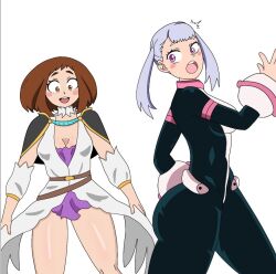 Rule 34 | 2girls, abe 300, black clover, blush, boku no hero academia, brown eyes, brown hair, clothes swap, cosplay, costume switch, crossover, grey hair, multiple girls, noelle silva, open mouth, purple eyes, simple background, skin tight, skin tight suit, twintails, uraraka ochako, white background