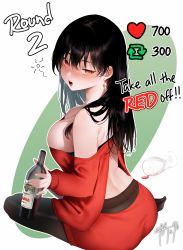 Rule 34 | :d, absurdres, back, backless dress, backless outfit, bare shoulders, black hair, black pantyhose, blush, bottle, breasts, cleavage, cup, dress, drinking glass, drunk, earrings, english text, from side, highres, holding, holding bottle, jewelry, large breasts, long hair, looking at viewer, looking to the side, meme, nose blush, off-shoulder dress, off shoulder, open mouth, pantyhose, red dress, signature, sitting, smile, spill, spy x family, squeans, twitter strip game (meme), two-tone background, wine glass, yokozuwari, yor briar, zasshu