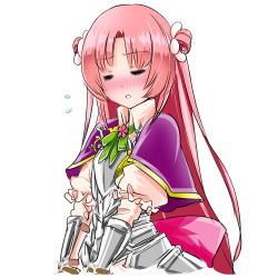 Rule 34 | 1girl, aaron (pixiv), apricot (flower knight girl), armor, armored dress, blush, bow, cowboy shot, double bun, closed eyes, flower knight girl, gauntlets, green bow, long hair, pink hair, shawl, solo, ume (flower knight girl), white background