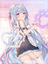 Rule 34 | 1girl, animal ear fluff, animal ears, apron, backless outfit, bedroom, black dress, blue eyes, blue hair, blush, breasts, cat ears, cat girl, cat tail, commentary request, curtains, dress, fang, feathered wings, frilled apron, frilled dress, frills, garter belt, garter straps, hair ribbon, heart, heart tail, highres, horns, indie virtual youtuber, indoors, long hair, maid, ninico (vtuber), open mouth, paw pose, paw print, pink ribbon, ribbon, sannio, single horn, single wrist cuff, skindentation, small breasts, solo, stuffed animal, stuffed dog, stuffed toy, tail, thighhighs, thighs, unicorn, very long hair, virtual youtuber, white apron, white thighhighs, window, winged unicorn, wings, wrist cuffs