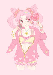 Rule 34 | 1990s (style), 1girl, applying makeup, bishoujo senshi sailor moon, bloomers, bracelet, camisole, chibi usa, child, cone hair bun, double bun, earrings, frills, hair bun, hair ornament, hairclip, heart, hood, hoodie, jewelry, makeup, makeup brush, mirror, moon, necklace, pearl necklace, pink eyes, pink hair, retro artstyle, ring, rouge (makeup), smile, solo, star (symbol), twintails, underwear, yangyieva