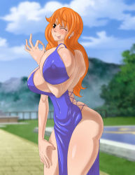 Rule 34 | 1girl, absurdres, bare arms, bare shoulders, blush, breasts, cleavage, curvy, highres, huge breasts, karuro-kun, large breasts, long hair, looking at viewer, nami (one piece), nude, one piece, orange hair, smile, solo, tattoo, thick thighs, thighs, wide hips