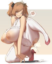 Rule 34 | 1girl, aftersex, anger vein, angry, bare shoulders, breasts, breasts out, bright pupils, brown eyes, brown hair, commentary request, cum, cum in pussy, full body, gradient background, high heels, highres, huge breasts, jewelry, leotard, looking at viewer, looking to the side, maki (makino momiji), makino momiji (artist), medium hair, necklace, nipples, original, pantyhose, race queen, red footwear, solo, spoken anger vein, teeth, tiara, torn clothes, torn pantyhose, two side up, unwanted creampie, white leotard, white pantyhose, white pupils
