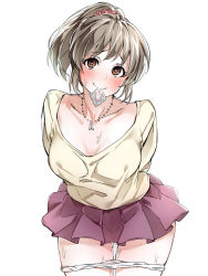 Rule 34 | 1girl, arms behind back, blush, breasts, brown eyes, brown hair, condom, condom in mouth, condom wrapper, female focus, heart, heart-shaped pupils, highres, hori yuko, idolmaster, idolmaster cinderella girls, jewelry, karan, large breasts, leaning forward, looking at viewer, mouth hold, necklace, panties, panty pull, ponytail, shirt, short hair, simple background, skirt, solo, symbol-shaped pupils, underwear, white background, white panties