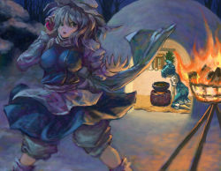 Rule 34 | 2girls, blue hair, breasts, cape, cellphone, cirno, cooking, dress, fire, hand up, hat, highres, large breasts, letty whiterock, multiple girls, night, phone, pot, short hair, silver hair, sitting, snow, snowing, standing, syuraime 0, torch, touhou