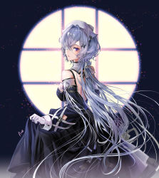 Rule 34 | 1girl, a (sofi3103), absurdres, arknights, black dress, blue hair, blush, braid, breasts, closed mouth, dress, frills, gloves, hair over one eye, highres, large breasts, light blue hair, long hair, looking at viewer, looking back, purple hair, skirt hold, solo, whisperain (arknights), white gloves