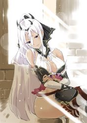 Rule 34 | 1girl, bare shoulders, black eyes, breasts, character request, closed mouth, dark-skinned female, dark skin, detached sleeves, from side, hair between eyes, hair ornament, hair ribbon, highres, large breasts, light smile, long hair, long sleeves, looking at viewer, looking to the side, nib pen (medium), oku hideki, ponytail, revealing clothes, ribbon, sennen sensou aigis, sidelocks, sitting, solo, sunlight, thighhighs, traditional media, very long hair, white hair, white thighhighs