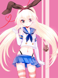 Rule 34 | 10s, 1girl, :o, anchor, blonde hair, blue eyes, cowboy shot, crop top, crop top overhang, gloves, hairband, heart, kantai collection, long hair, midriff, miniskirt, navel, pink background, rey0, sailor collar, shimakaze (kancolle), skindentation, skirt, solo, striped clothes, striped thighhighs, thighhighs, very long hair
