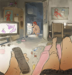 Rule 34 | 1boy, 1girl, antabaka, ayanami rei, bottle, boxers, chair, controller, couch, drawfag, eva 01, fantasy, figure, game console, game controller, kitchen, legs, long hair, male underwear, merchandise, messy, messy room, nagisa kaworu, neon genesis evangelion, orange hair, panties, poster (object), pov, refrigerator, remote control, souryuu asuka langley, squatting, striped clothes, striped panties, television, topfreedom, topless, underwear, watching television