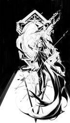 Rule 34 | 1girl, absurdres, arknights, cape, chain, chuzenji, from behind, from side, gladiia (arknights), greyscale, hat, high heels, highres, holding, holding weapon, long hair, looking at viewer, looking back, mirror, monochrome, pointy ears, sideways glance, solo, standing, weapon, white hair